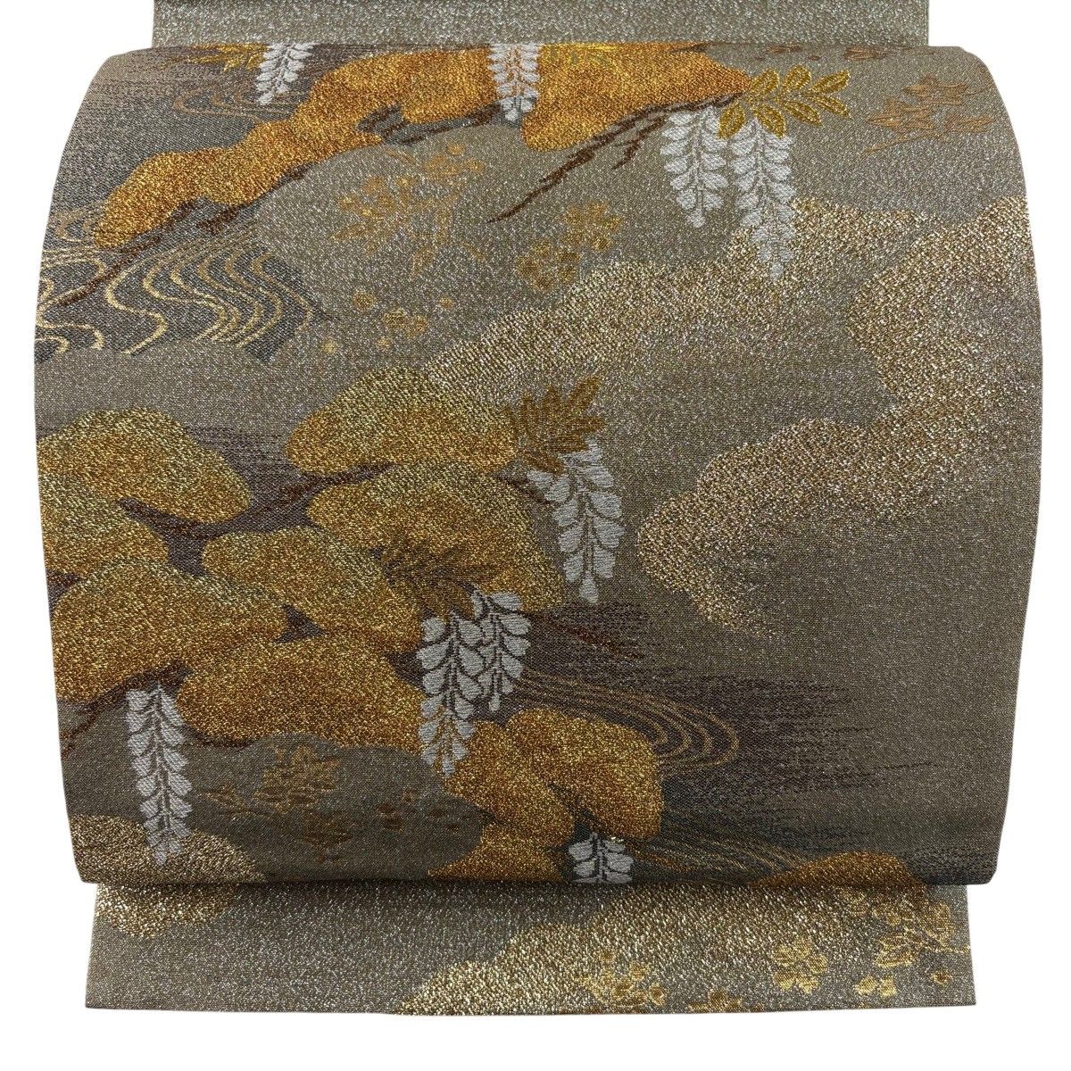 【美品】 袋帯 秀品 純金箔 笠松 雲文 灰緑 お太鼓柄 正絹 【中古】