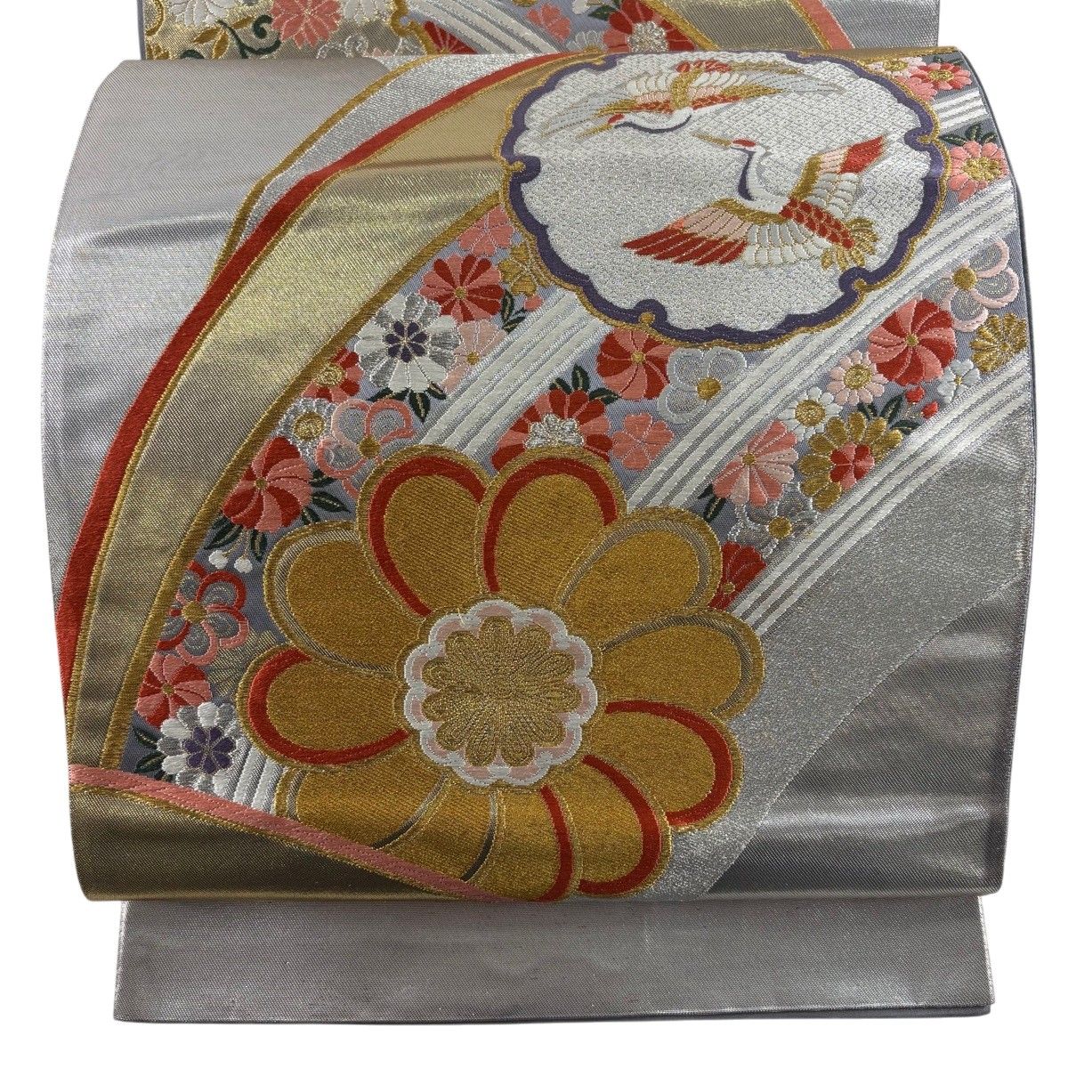 【美品】 袋帯 秀品 花鳥 雪輪 金銀糸 箔 銀色 六通 正絹 【中古】