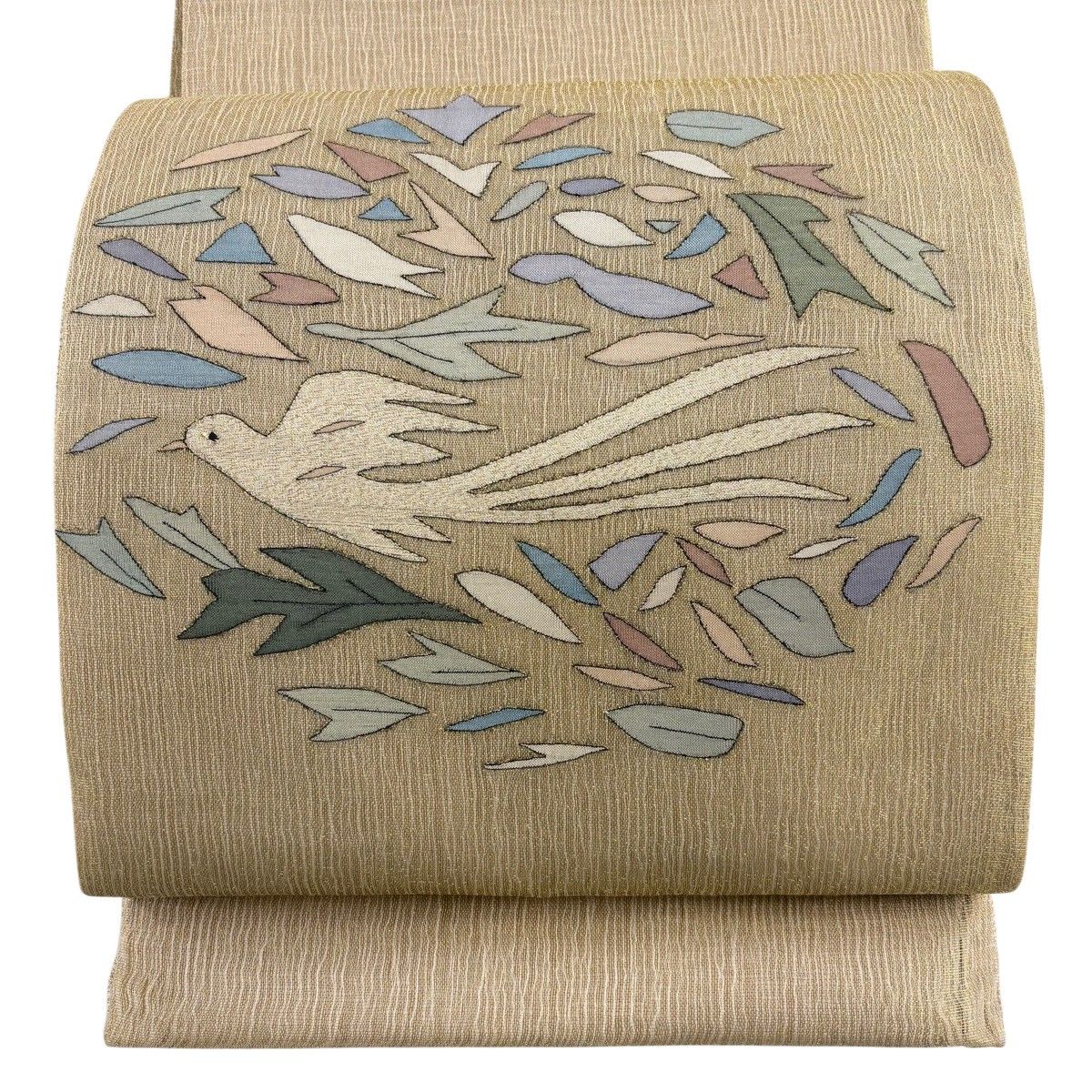 【美品】 袋帯 秀品 夏帯 鳥 葉柄 金糸 金色 お太鼓柄 正絹 【中古】