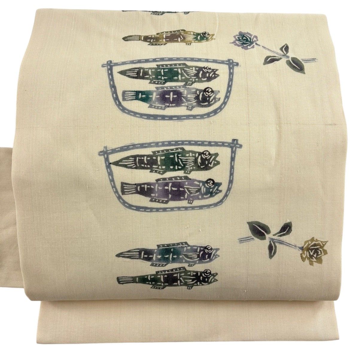 名古屋帯 秀品 夏帯 魚 草花 ベージュ 正絹 【中古】