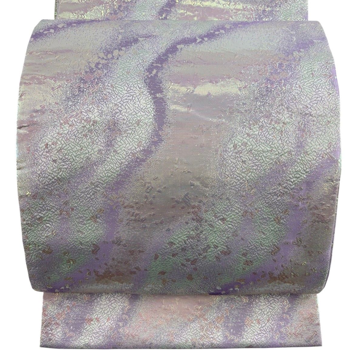 開き名古屋帯 秀品 幾何学模様 箔 薄紫 正絹 【中古】