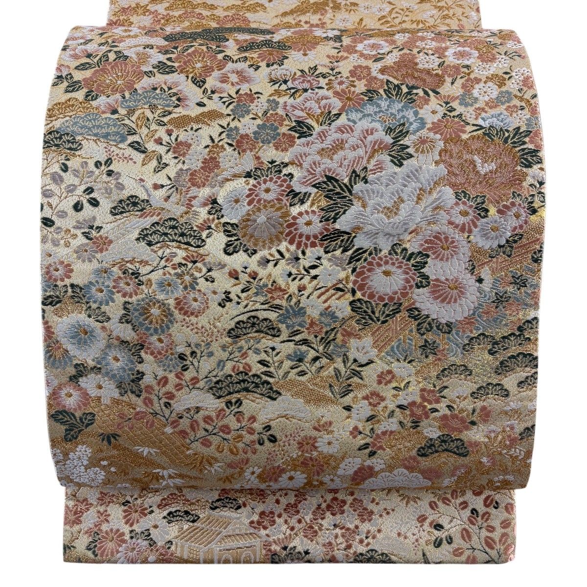 袋帯 秀品 草花 松 金糸 箔 クリーム 六通 正絹 【中古】