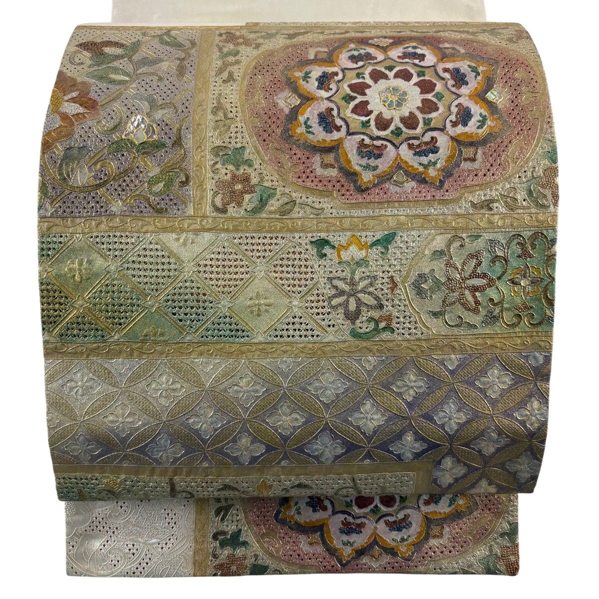 【美品】 袋帯 秀品 華文 有職文様 刺繍 螺鈿螺鈿 灰緑 お太鼓柄 正絹 【中古】