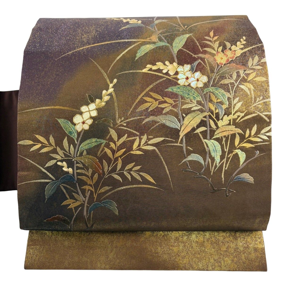 【美品】 名古屋帯 秀品 草花 螺鈿 金彩 金茶 正絹 【中古】