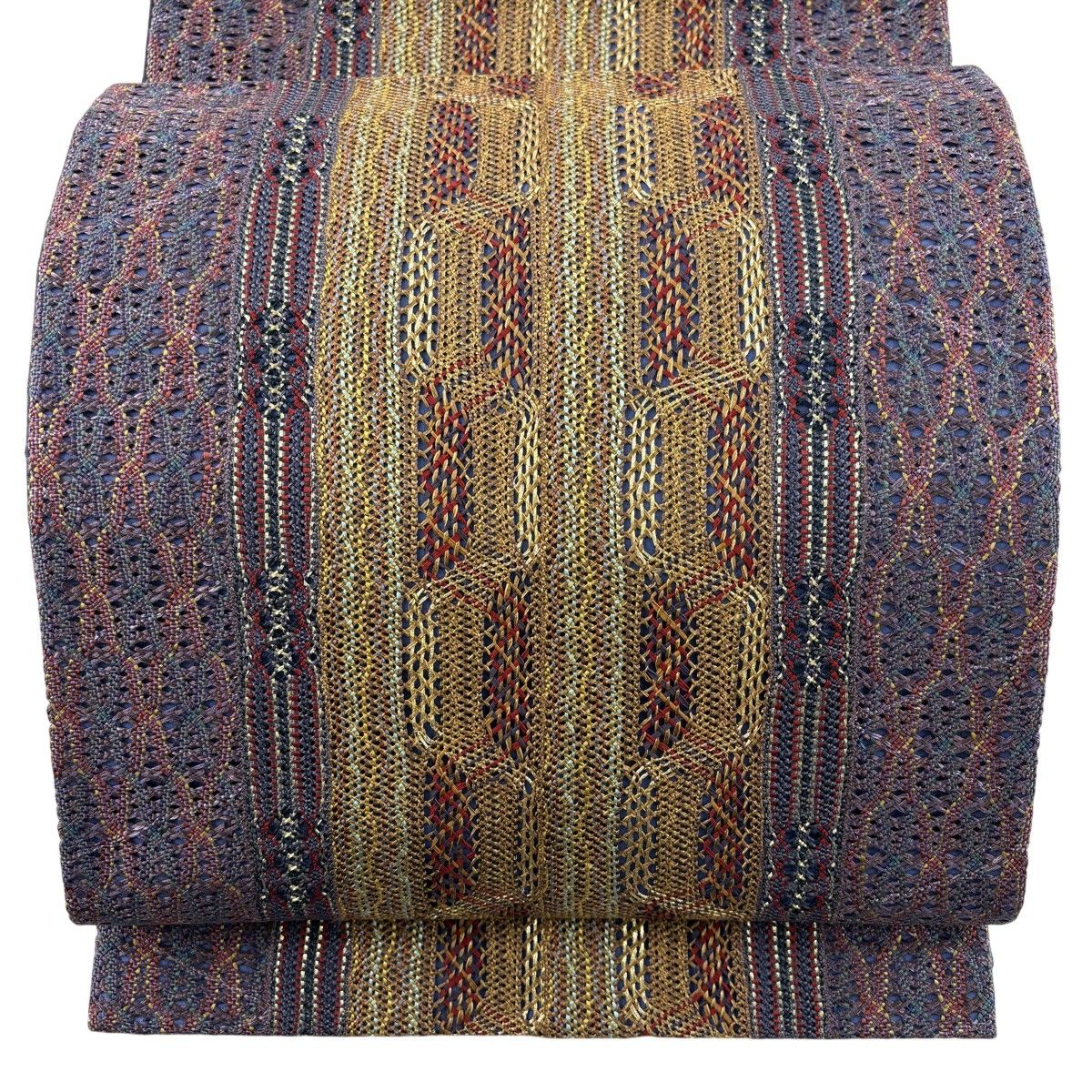 【美品】 袋帯 秀品 やまと 幾何学 金糸 灰紫 全通 正絹 【中古】