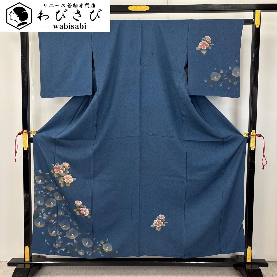 単衣 付下げ 椿 花模様 金彩 青藍色 K-6007