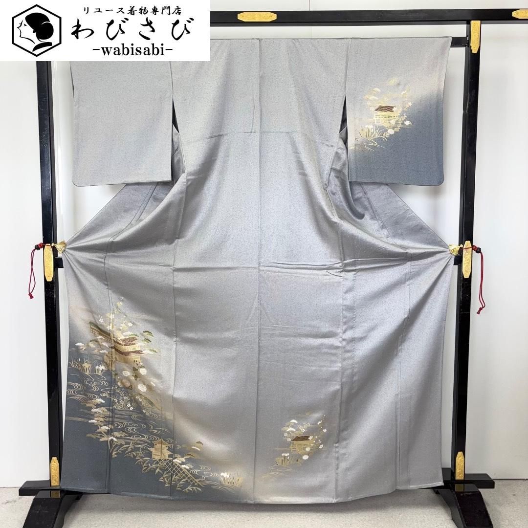 単衣 付下げ 風景 流水 松 花模様 金彩 薄墨色 K-6009