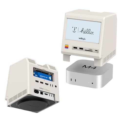 M5 レトロデザインドックステーション（Mac mini M4対応）、5インチHDディスプレイ、10Gbps M.2 NVMe SSD対応、SD/microSDカードリーダー（4.0規格対応）、USB-Aポート×4、USB-Cポート×1（10Gbps対応）ｍａ