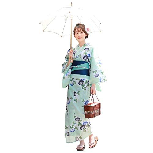 [ブリリアントピース] 「和なでしこ」 浴衣 レディース セット「薄緑地に朝顔」ときめき恋浴衣3点セット 浴衣 帯 下駄★m 167c23e7