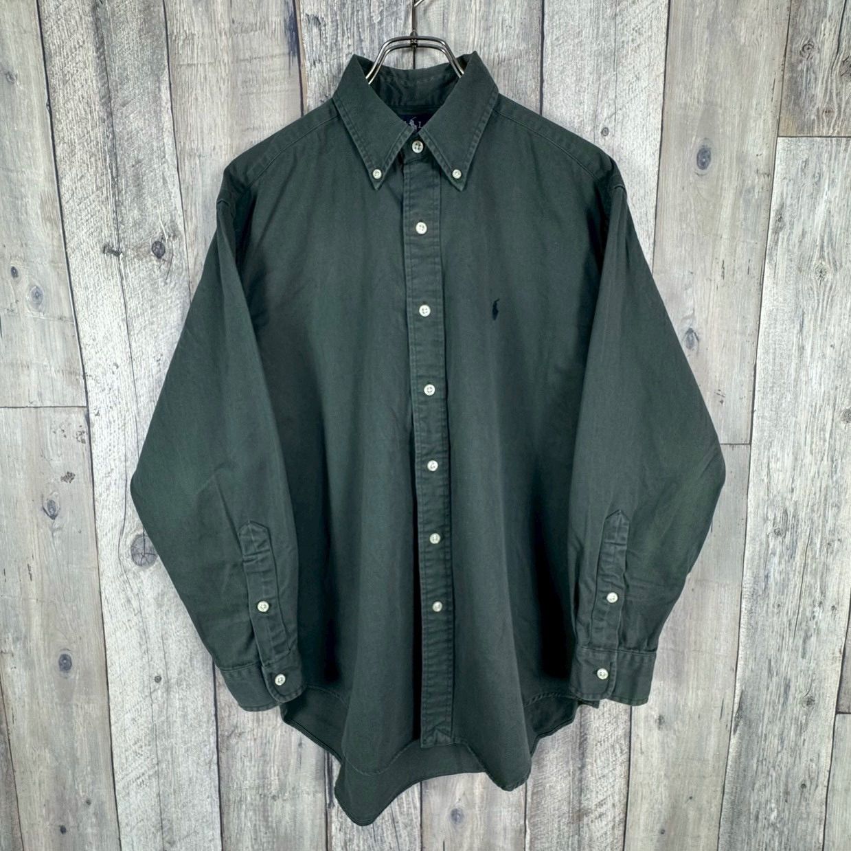 OLD Ralph Lauren 90s ラルフローレン BLAKE ダークグリーン 濃緑 ネイビー ポニー 刺繍 長袖 BD ボタンダウン オックスフォード コットン シャツ メンズ M サイズ