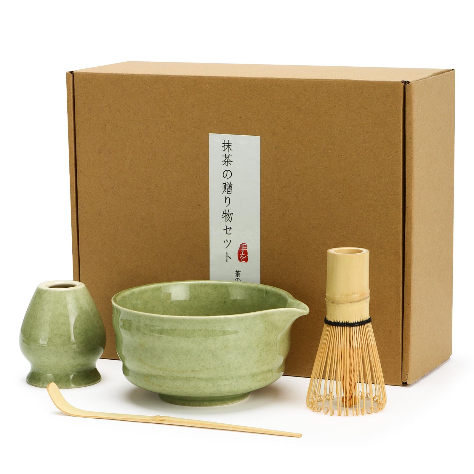 抹茶道具セット 緑色ストライプ柄 4 点セット 茶碗 茶筅 茶杓 茶筅立て 初心者向け 家庭用 茶道入門 陶器製(沖縄・離島の方不可) ba4378a1