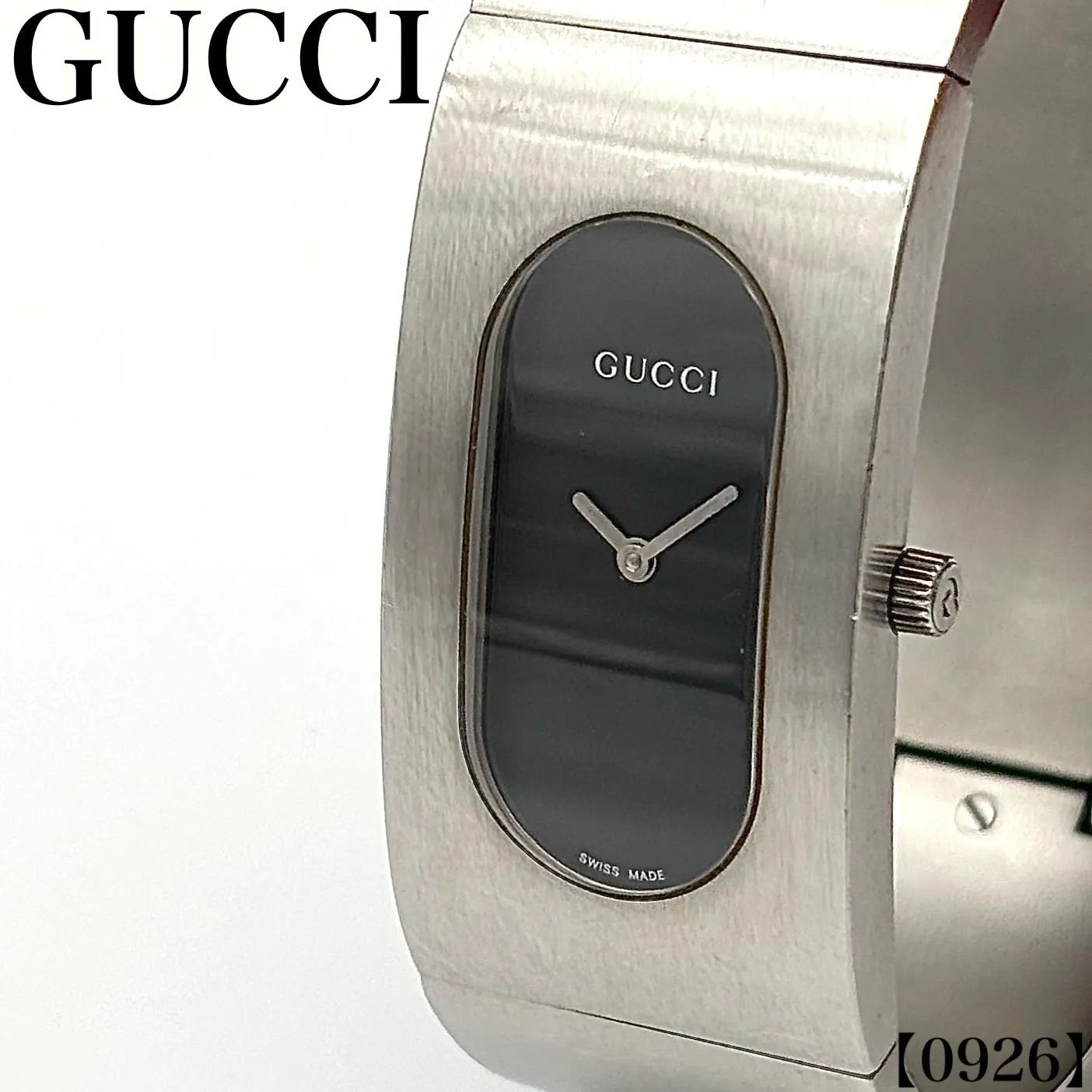稼働品 Working item グッチ GUCCI 腕時計 レディース Ladies クォーツ Quartz 2400L バングルウォッチ スクエアケース ブラック文字盤 シルバーカラー アナログ 2針 スイスメイド 高級ブランド　0926