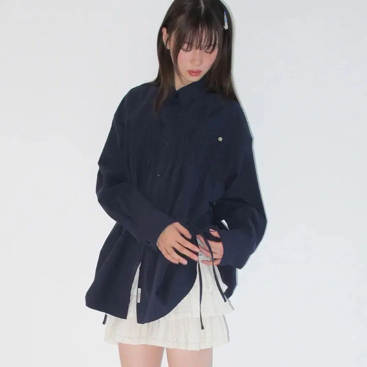 ロンロン smocked shirring string hem シャツ ネイビー
