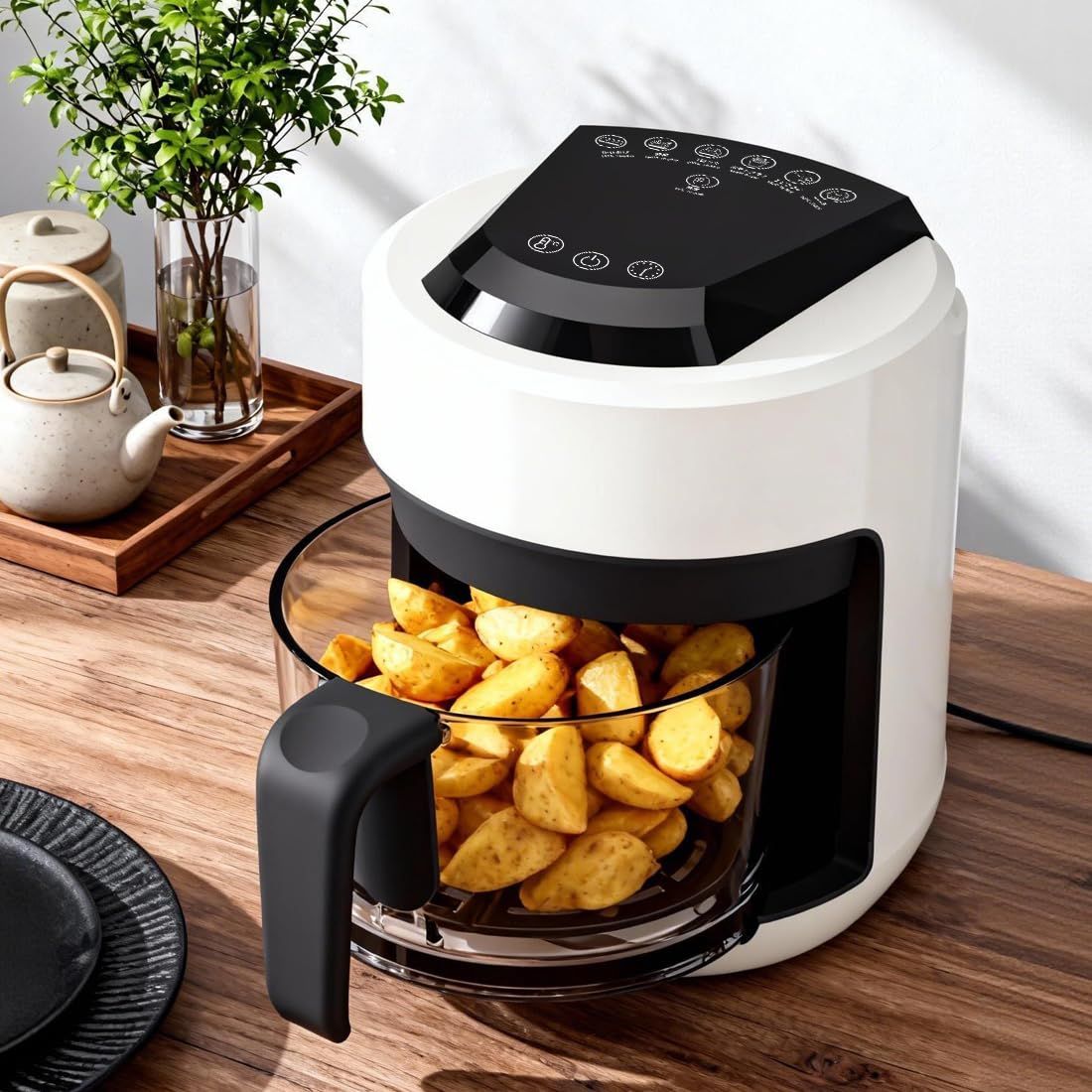 C-J-W ノンフライヤー エアフライヤー 一人用 油なし 可視化 ガラスポット 2L 家庭用 コンパクト 電気フライヤー 一人暮らし 揚げ物 温め直し ノンオイル 調理家電 温度調整/タイマー 卓上 タッチパネル 360°熱風循環 自動電源 b2dc36c8