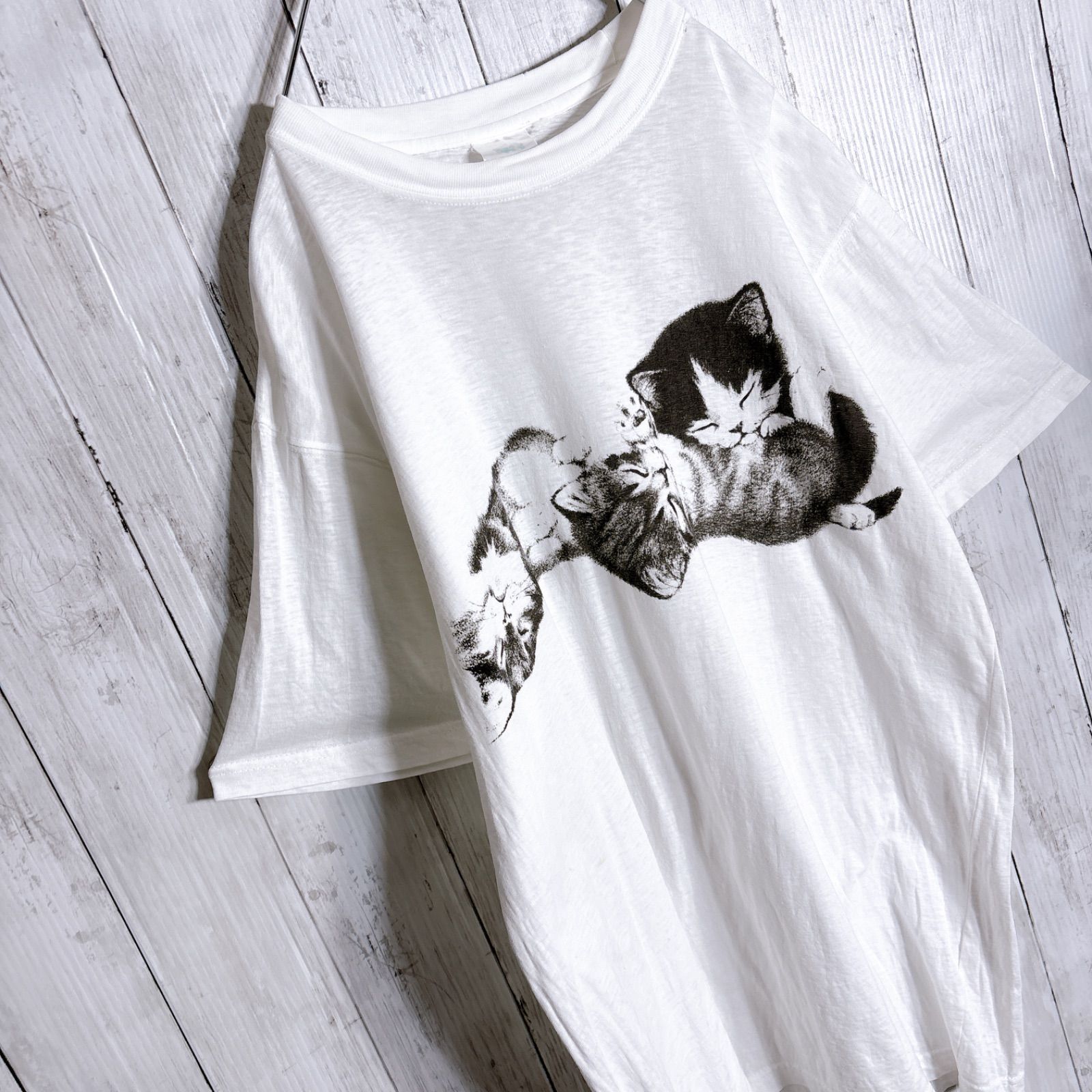 【最高モデル】90s-00s Vintage 古着 アニマル ホワイト ネコ 動物 半袖Tシャツ #N015