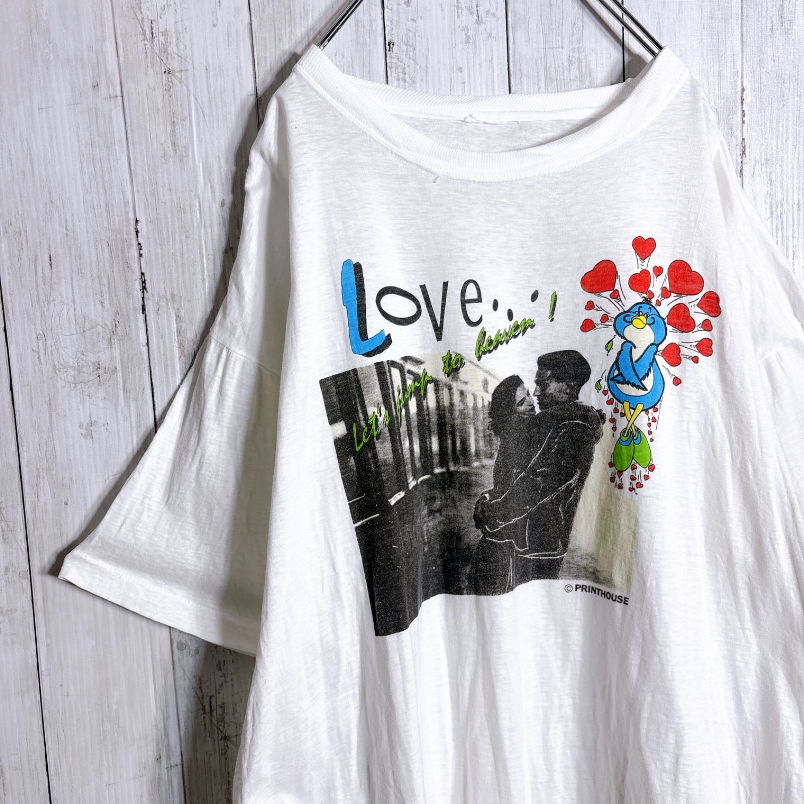 【お宝古着】80s USA製 Vintage 古着 PRINTHOUSE ラブポップアート ホワイト 半袖Tシャツ #988