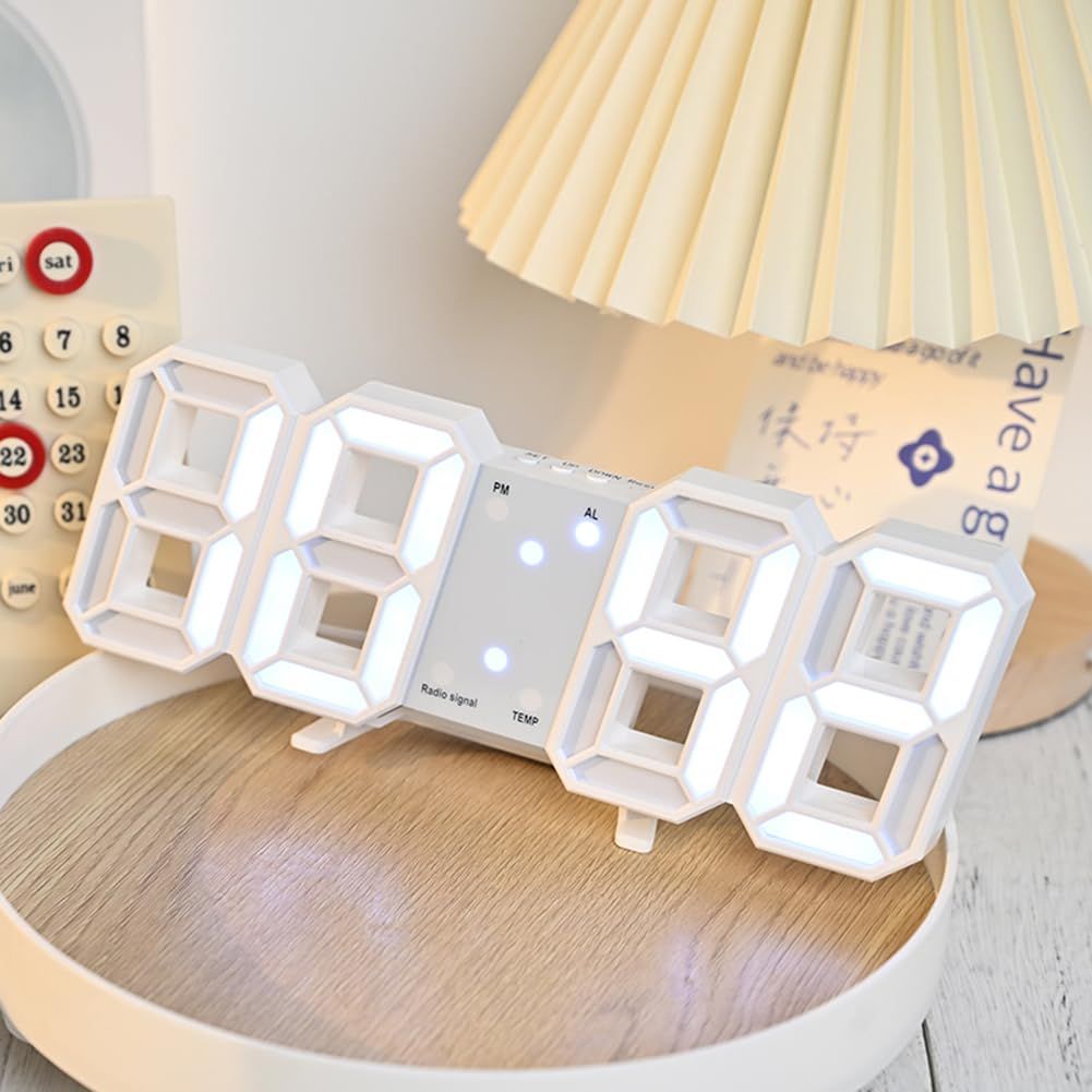 LED電波時計 デジタル 目覚まし時計 アラーム スヌーズ機能 明るさ自動調整 文字大きい 見やすい カレンダー 温度表示 静音設計 壁掛け＆置き時計 卓上/寝室/リビング プレゼント (ホワイト) 国内発送 4b874d5a