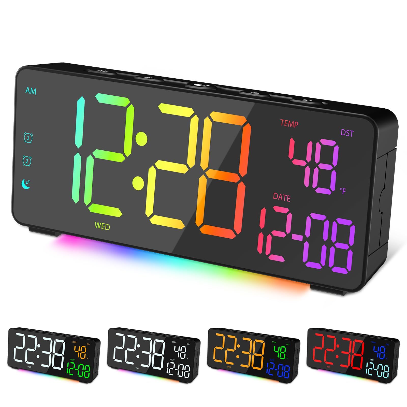 デジタル目覚まし時計 RGB 15 色ディスプレイ 日付気温曜日表示 ダブルアラーム ねね時計 夏時間対応 ベッドルーム/オフィス/ゲーミングデスク用 (RGB 目覚時計) 国内発送 26db9ecb
