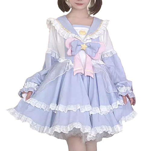 [ＸＨＳＵＫＡＤＯ] ロリータ ドレス レディース ワンピース 春 夏 秋 ゆめ可愛い リボン付き Lolita ゴスロリ お嬢様 星柄 セーラーカラー セーター服 洋服 ガーリー系 コスプレ レース フリル チュール 学園祭 文化祭★ 2bc6c354