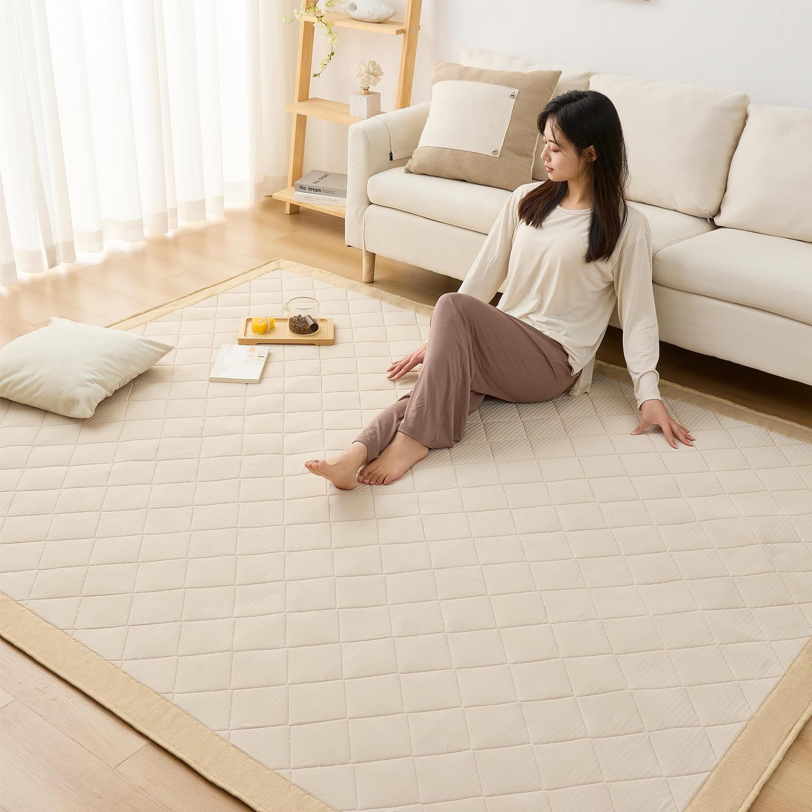 Matdeco ラグ 夏用 カーペット Q-MAX0.45 接触冷感 約3畳 ラグマット キルトラグ ひんやり 冷感ラグ 洗える 滑り止め付 抗菌 防臭 通気性 吸湿速乾 185*235CM（約3畳） ベージュ★m a8177b05
