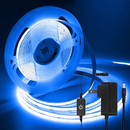 iNextStation COB ledテープライト 5m 12v テープライト ブルー 高輝度 CRI93+ 幅8mm PSE認証済みアダプター・調光器付き 両面テープ 間接照明 切断可能 320LEDs/m 寝室/お部屋/店舗/コレクショ ac028625