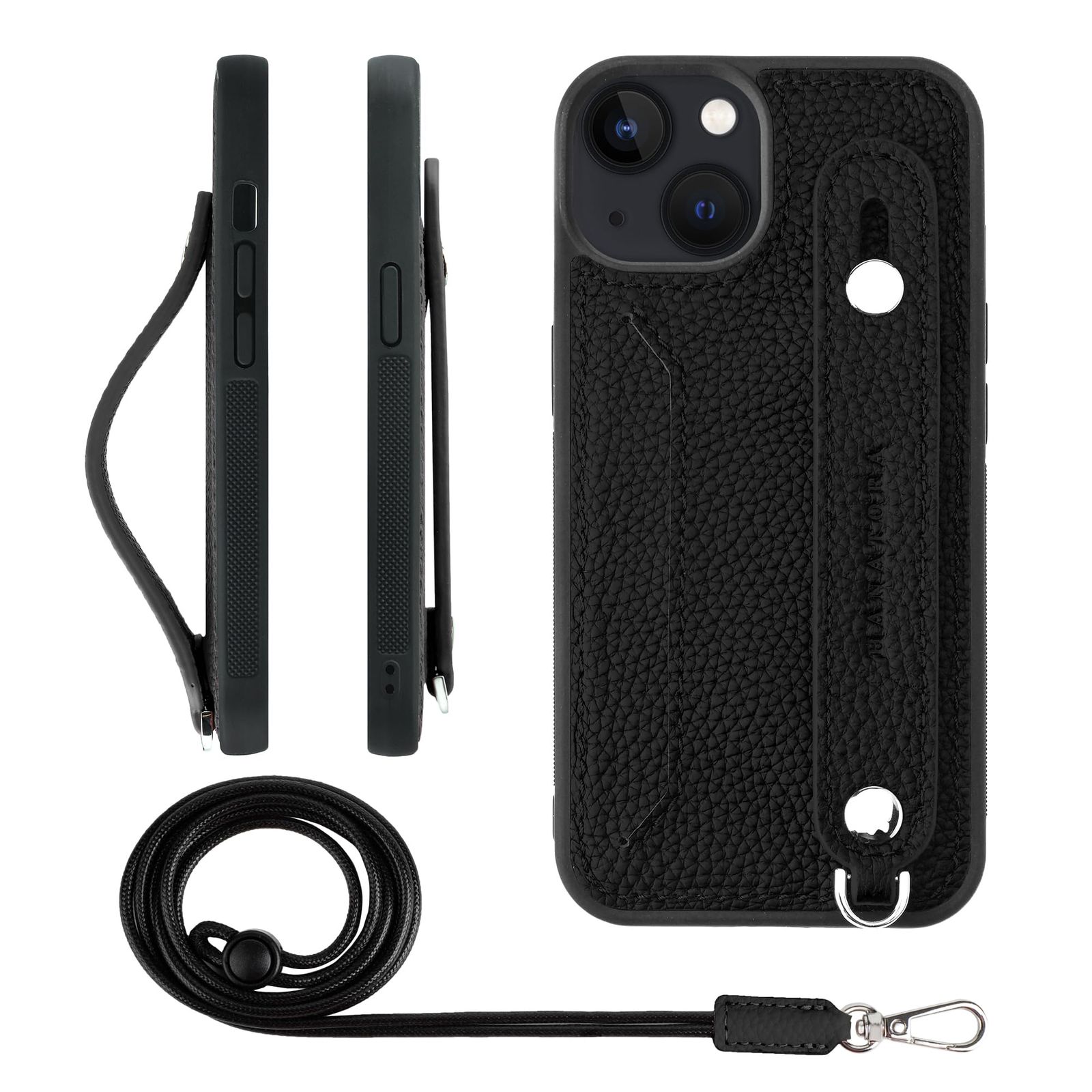 新品 HANATORA for iPhone 13 ケース 本革 耐衝撃 背面ベルト ストラップリング スマホケース スマホ スタンド機能 ネックストラップ 付き カードポケット シュリンクレザー ギフト ブラック CGHGZ-13-Black