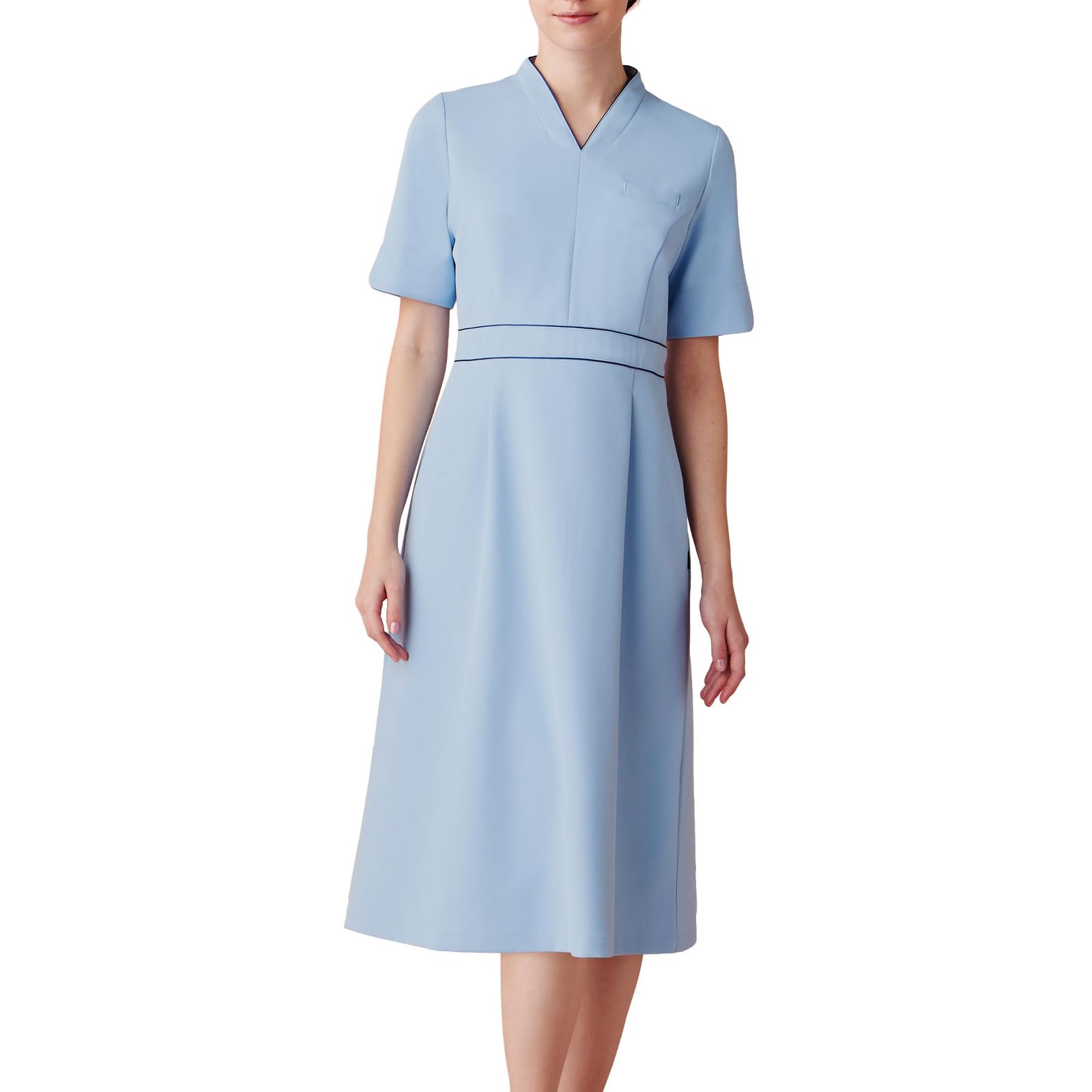 新品 [ミッシェルクラン] クリニック 歯科 美容 エステ 受付 制服 上品 Vネック ウエストパイピング ファスナー 半袖 膝下 長め丈 ワンピース 【透防止/ストレッチ/制電/制菌/工業洗濯対応】 MK0071 C-31 ブルー SS