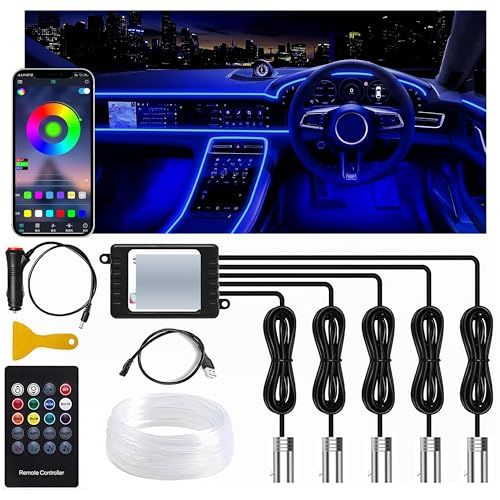 アンビエントライト 車 ledテープライト、RGB 5IN1 USB式/シガー式電源対応 車内ライト、無限調色 調光可能 音反応変色 雰囲気、6M長さ調節、スマホアプリコントロール 国内発送 d8127c15