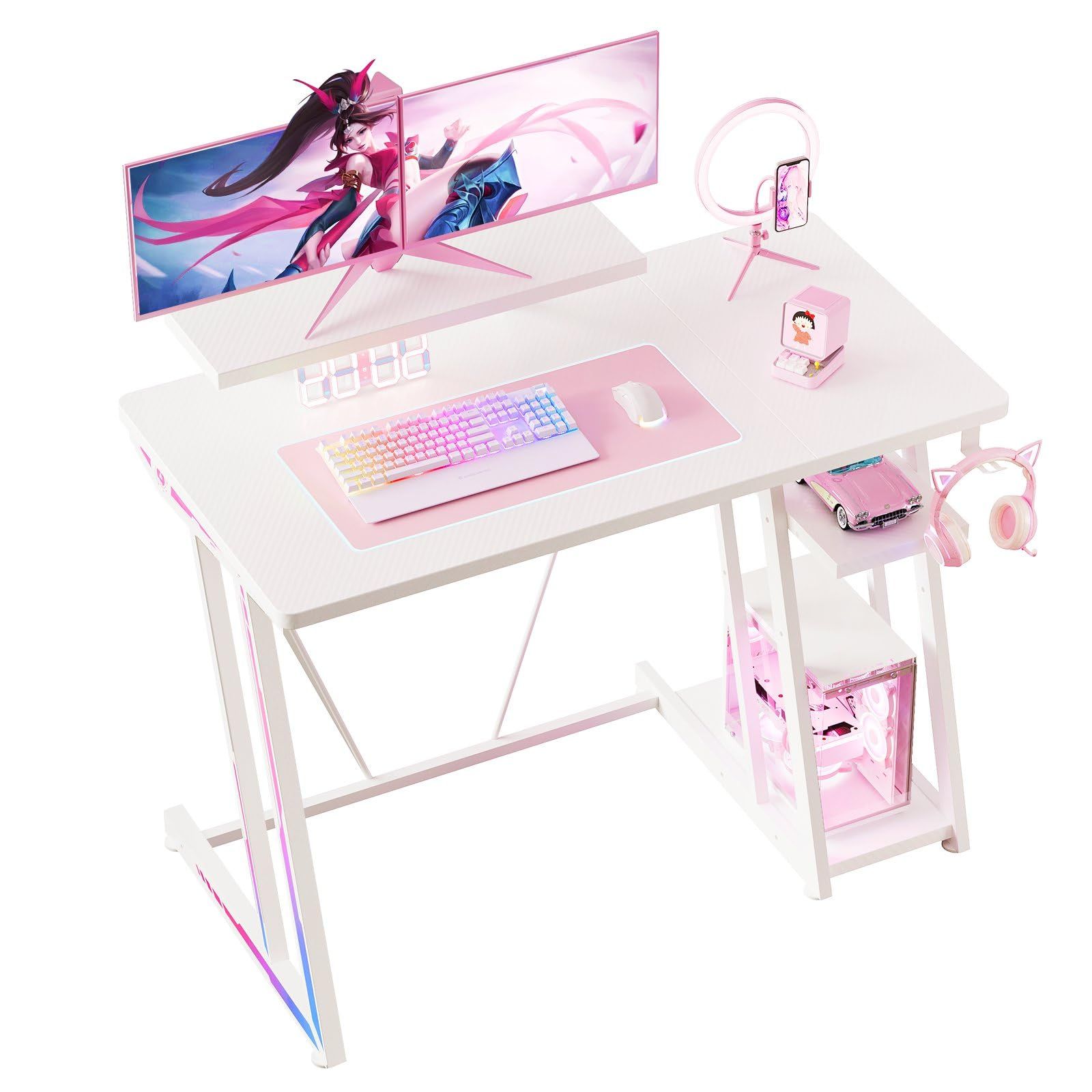 YeTom ゲーミングデスク 100cm 2段収納棚付き 高さ調整可能 カーボン製ゲームデスク 60cmモニター支架（eスポーツ/在宅ワーク対応）ホワイト 国内発送 47f34f8c
