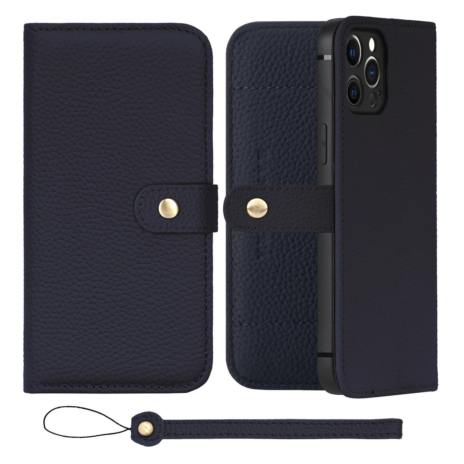 新品 HANATORA for iPhone 12ProMax ケース 手帳型 本革 スマホケース スマホ スタンド ストラップ 付き シュリンクカーフレザー ベルトあり マグネットなし ネイビー H1SPB-12ProMax-Navy ギフト 誕生日 女性