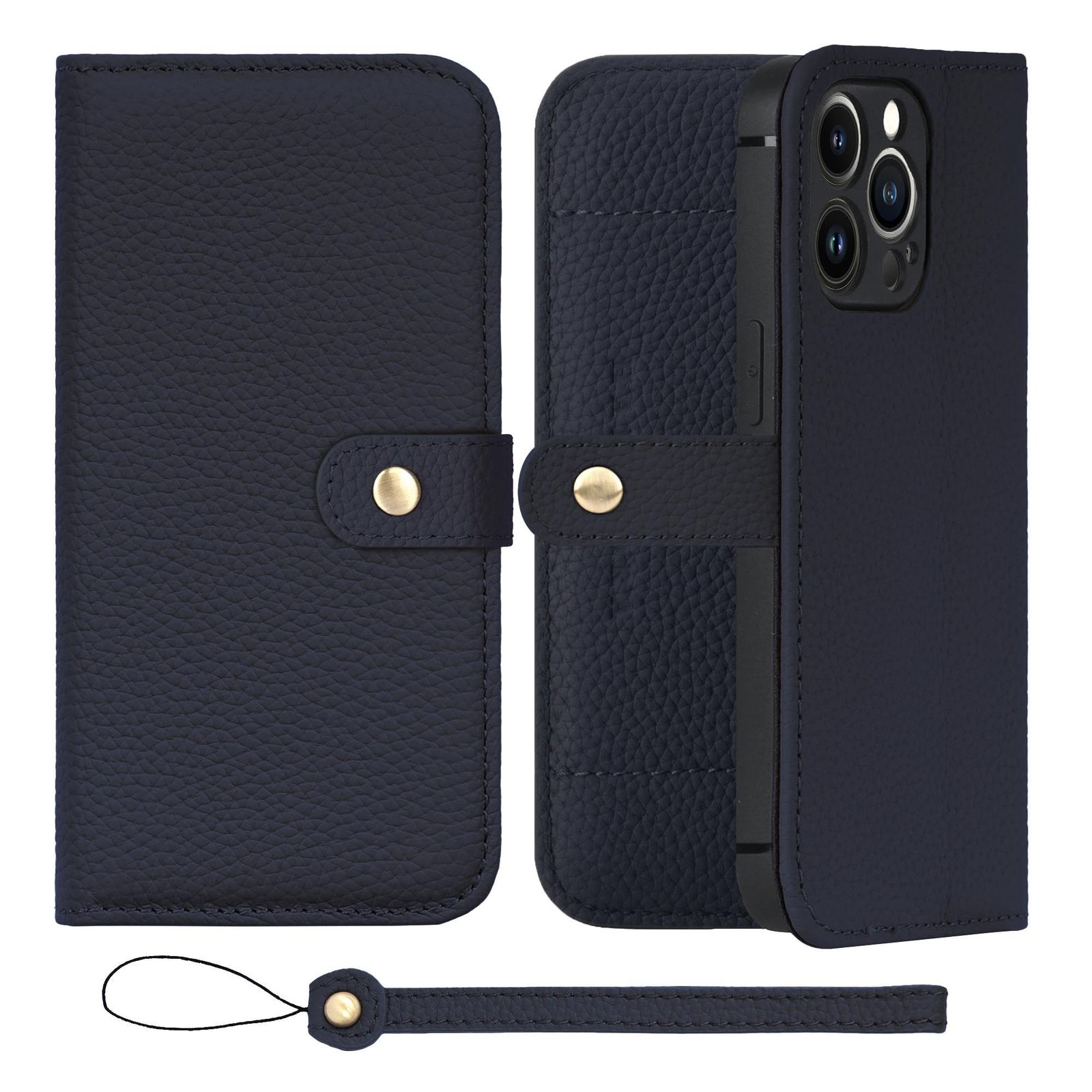 新品 HANATORA for iPhone 13Pro ケース 手帳型 本革 スマホケース スマホ スタンド ストラップ 付き シュリンクカーフレザー ベルトあり マグネットなし ネイビー H1SPB-13Pro-Navy ギフト 誕生日 女性 男性 彼女