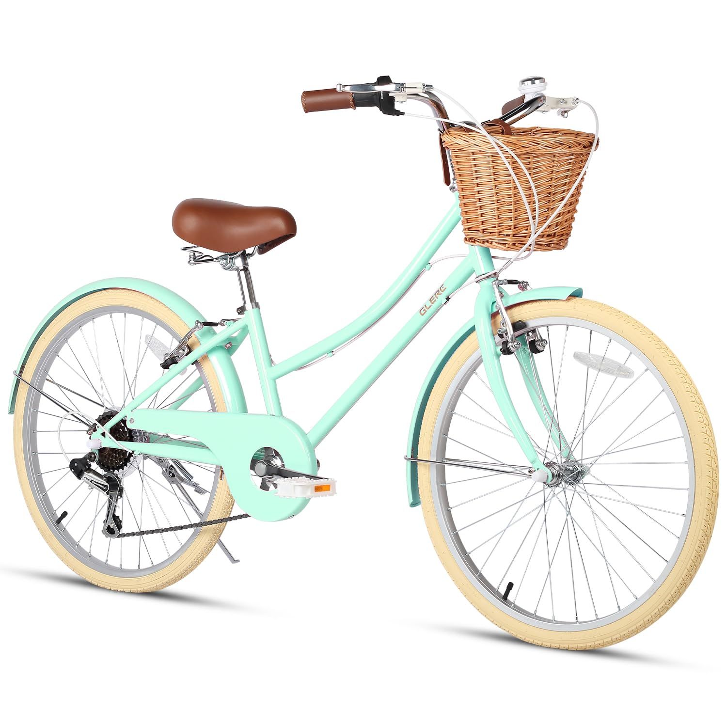 新品 Glerc 24インチ女の子自転車 小中学生 通学用 可愛いシティーサイクル ママチャリ レトロ おしゃれ かわいい手編み天然藤カゴ付き SHIMANOシマノ6段変速 ミントグリーン緑色 - メルカリ