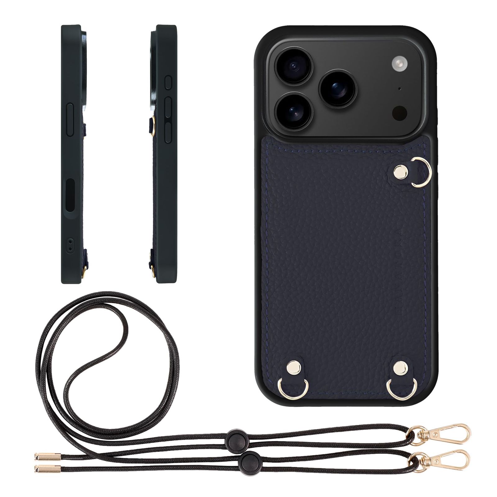 新品 HANATORA for iPhone 17Pro ケース MagSafe 対応 本革 耐衝撃 バンパー型 スマホケース スマホ ショルダーストラップ 付き シュリンクレザー ギフト マグセーフ対応 ネイビー D3GZ-17Pro-Navy