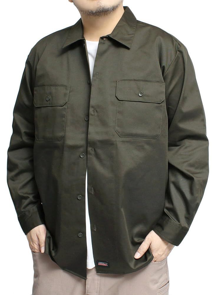 新品 [GENUINE DICKIES] ワークシャツ メンズ 大きいサイズ ツイル 無地 ヒッコリー 長袖シャツ 4L カーキ(46)