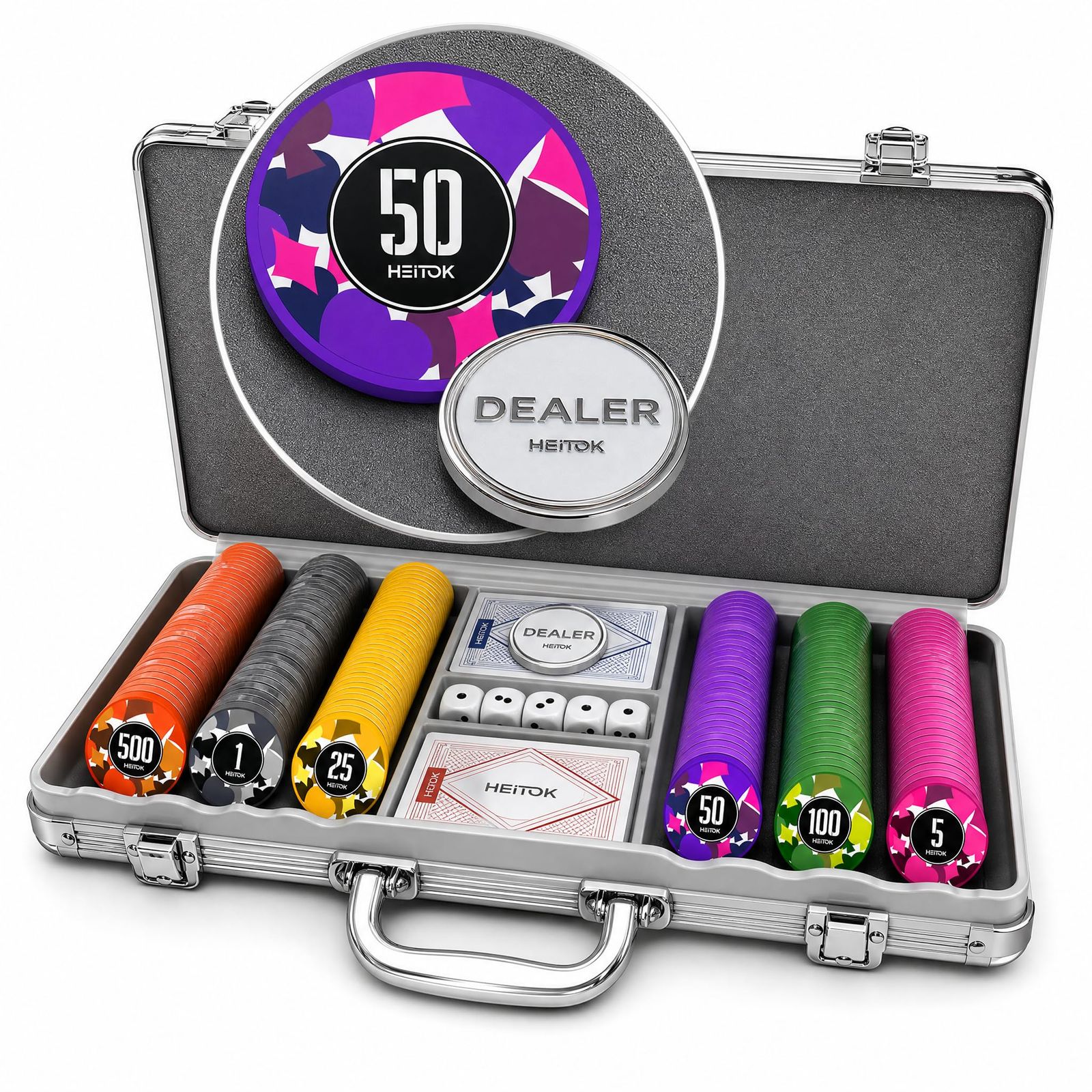 HEITOK ポーカーチップ ポーカーセット 300枚 数字入り 11.5g カジノチップ トランプ2組とサイコロ5個が付属 ABS製チップ アルミ製スーツケース入り
