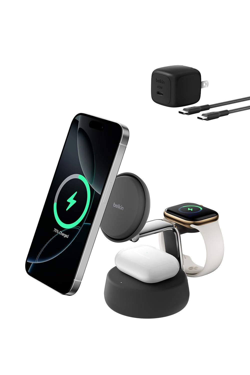 Belkin Qi2 25W ワイヤレス充電器 3 in 1 世界初 充電スタンド Qi2公式認証 MagSafe マグセーフ 急速充電 iPhone17,16～12 Applewatch対応 アップルウォッチ Google Pixel 10 Pro XL チ
