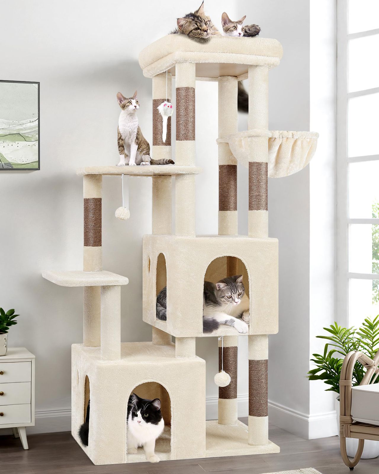 Globlazer キャットタワー 据え置き シニア 猫タワー 大型猫用 猫タワー 多頭飼い 大型 多機能 登りやすい 2ねこハウス 7天然麻紐爪とぎポール ぬいぐるみクッション展望台 猫 ベッド ハンギングバスケット ポンポンおもちゃ 転倒 5fd88107