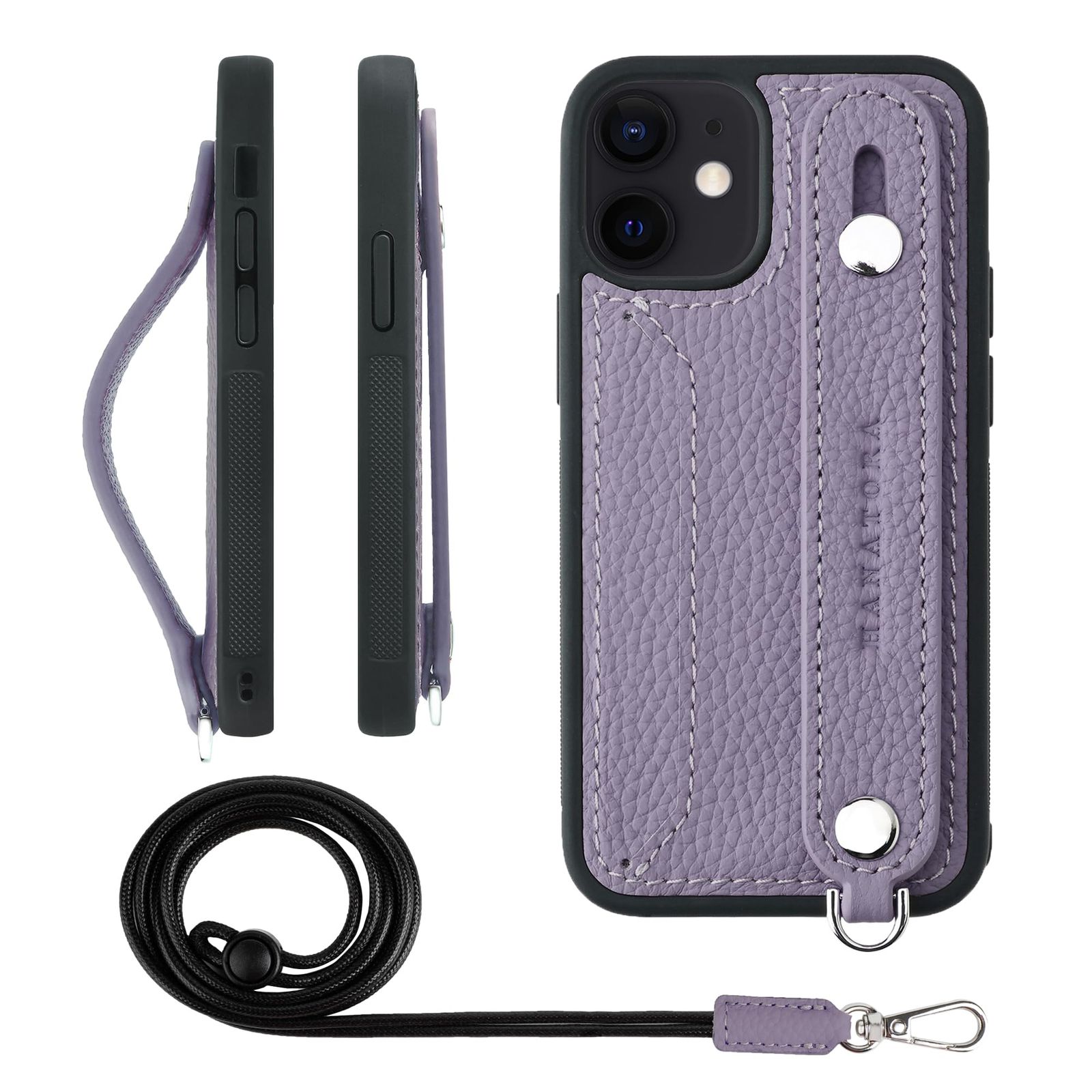 新品 HANATORA for iPhone 12mini ケース 本革 耐衝撃 背面ベルト ストラップリング スマホケース スマホ スタンド機能 ネックストラップ 付き カードポケット シュリンクレザー ギフト パープル CGHGZ-12mini-Purpl