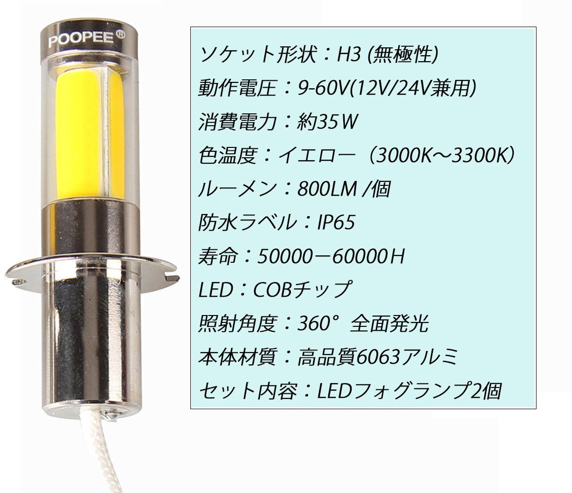 新品 LEDフォグランプ H3 黄色 イエロー-POOPEE 35W 800LM 12V/24V兼用