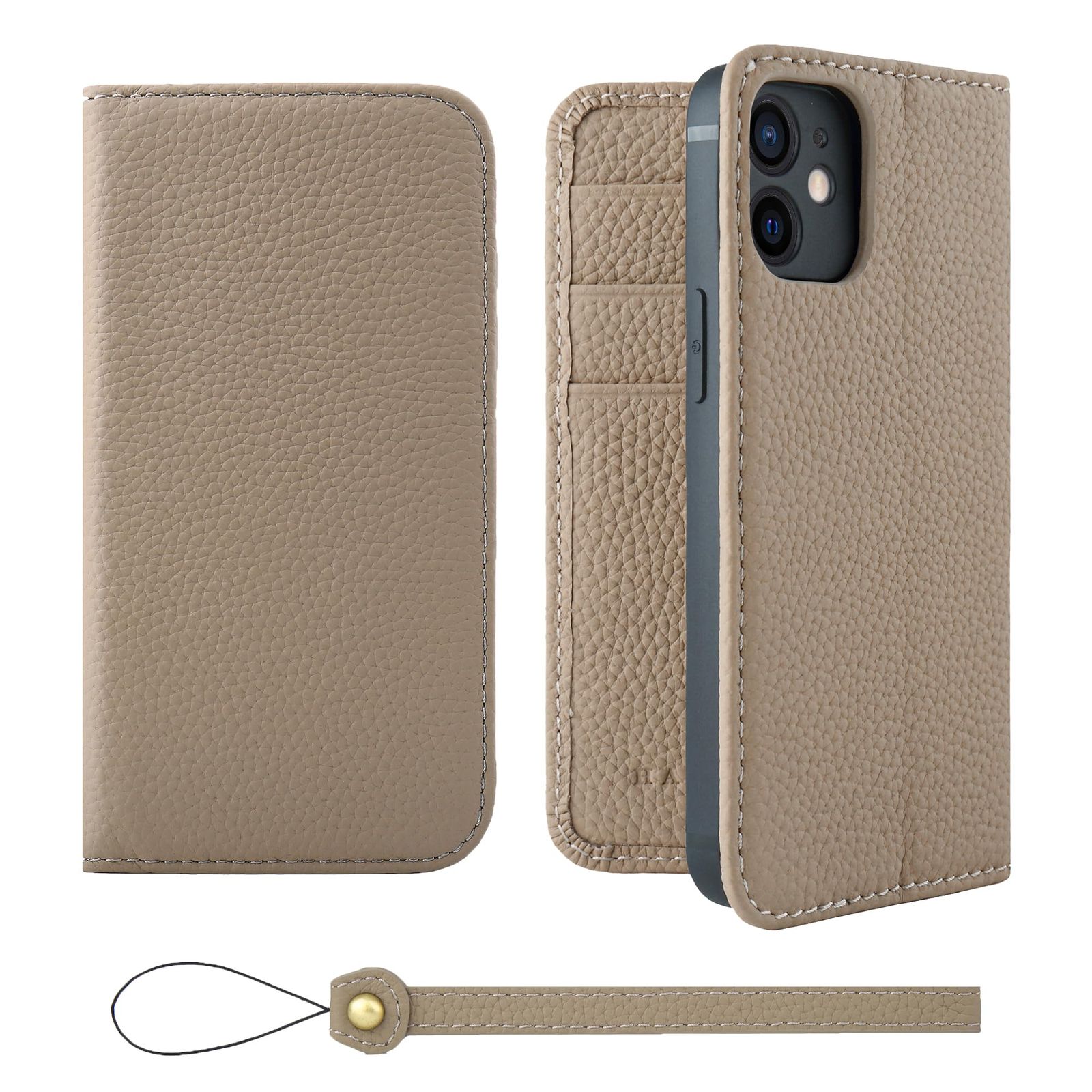 新品 HANATORA for iPhone 12mini ケース 手帳型 本革 スマホケース スマホ スタンド ストラップ 付き シュリンクカーフレザー ベルトなし マグネットなし グレージュ H0XA-12mini-Grege ギフト 誕生日 女性 男性