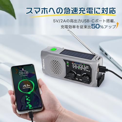 【人気商品】【2025年新モデル】Greeshow 防災ラジオ 多機能 手回しラ Amazon.co.jp: Greadio 2025 最新 多機能防災ラジオ 充電式 3で1 充電