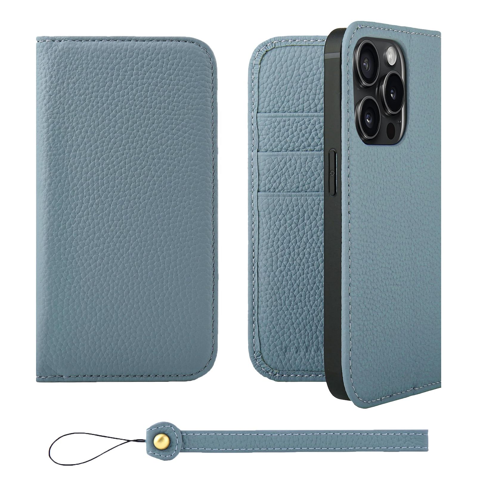 新品 HANATORA for iPhone 15Pro ケース 手帳型 本革 スマホケース スマホ スタンド ストラップ 付き シュリンクカーフレザー ベルトなし マグネットなし ブルーグレー H0XA-15Pro-BlueGray ギフト 誕生日 女性 男