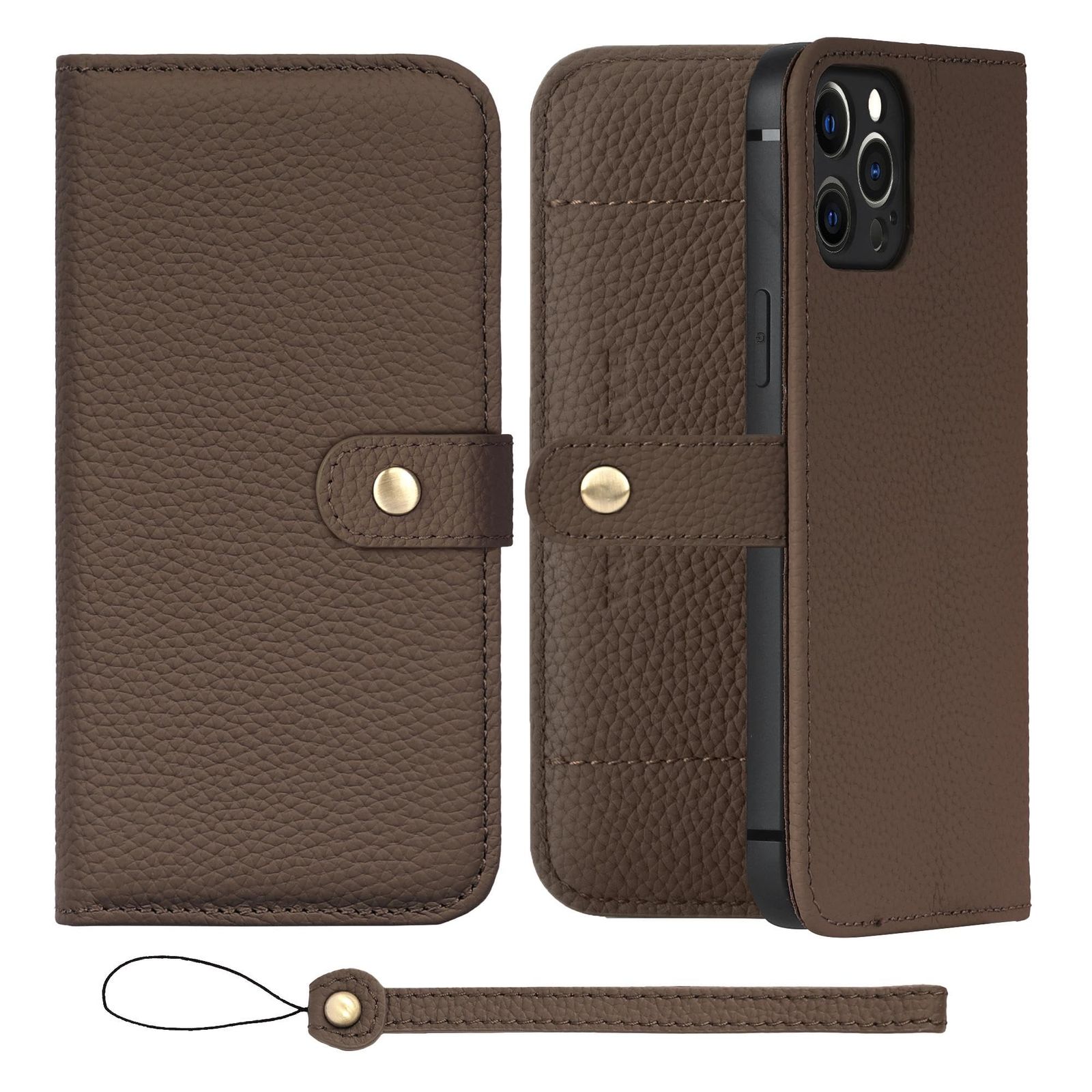 新品 HANATORA for iPhone 12ProMax ケース 手帳型 本革 スマホケース スマホ スタンド ストラップ 付き シュリンクカーフレザー ベルトあり マグネットなし トープ H1SPB-12ProMax-Taupe ギフト 誕生日 女性