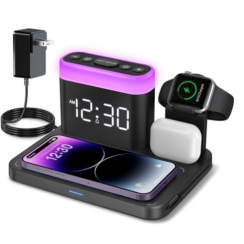 ANJANK 3in1急速ワイヤレス充電器｜目覚まし時計付き＆7色ナイトライト付き, MagSafe対応ワイヤレス充電スタンド 同時にiPhone17/16/15/14/13/12 Pro/ProMax/Plus/Apple Watch/Ai 75d2e029