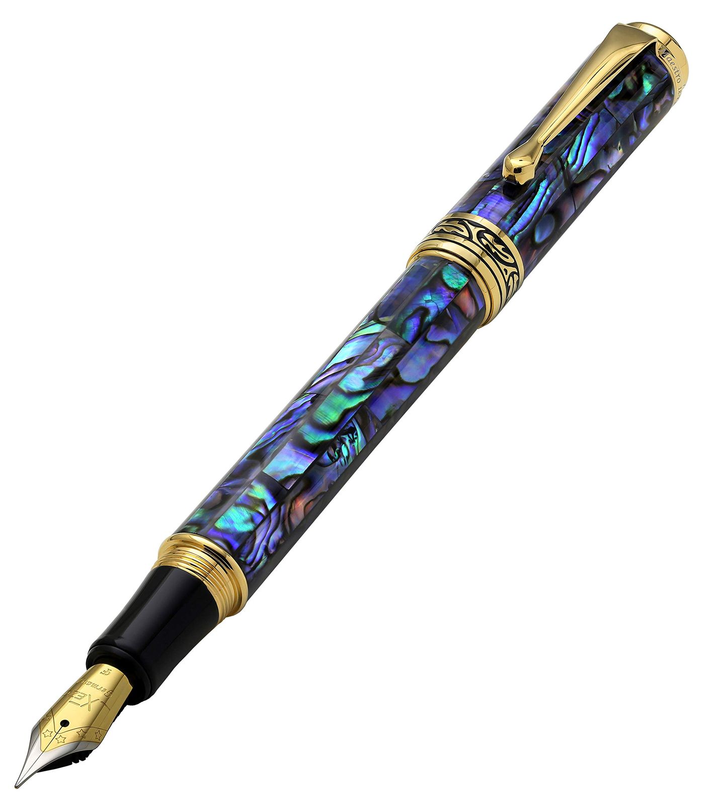 新品 Xezo天然パウア海シェル18-kゴールドメッキ万年筆with Fineペン先Screw - Onキャップ(Maestro海シェルfpg-1)