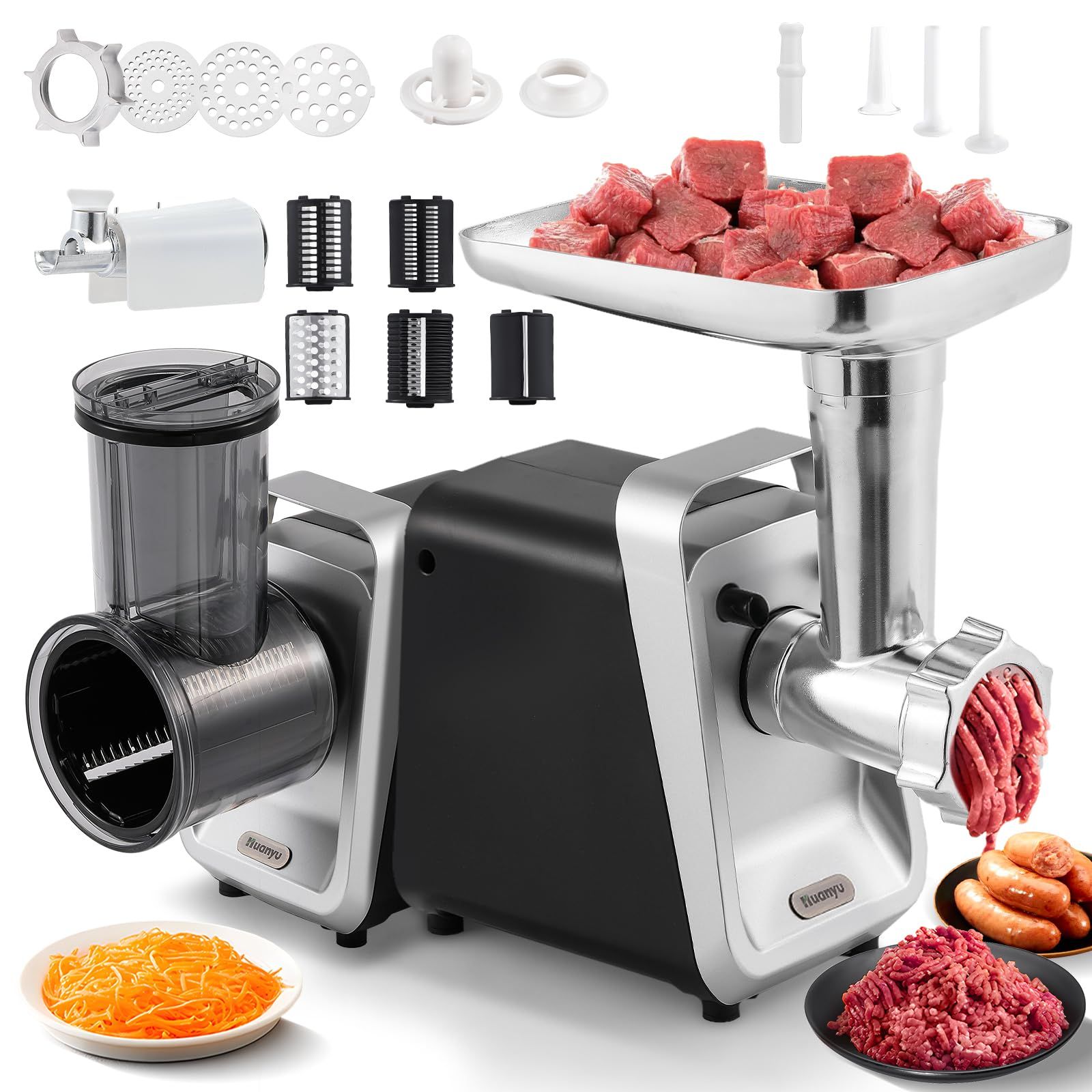 新品 Huanyu ミートミンサー ミンチ機 350W 3/5/7mmプレート みじん切り 野菜スライサー ミンチ 肉挽き器 挽肉 ソーセージ作り 味噌作り 腸詰め器 牛肉/鶏肉/大豆/ヌードル ホームキッチン用 家庭 業務用 お手入れ簡単