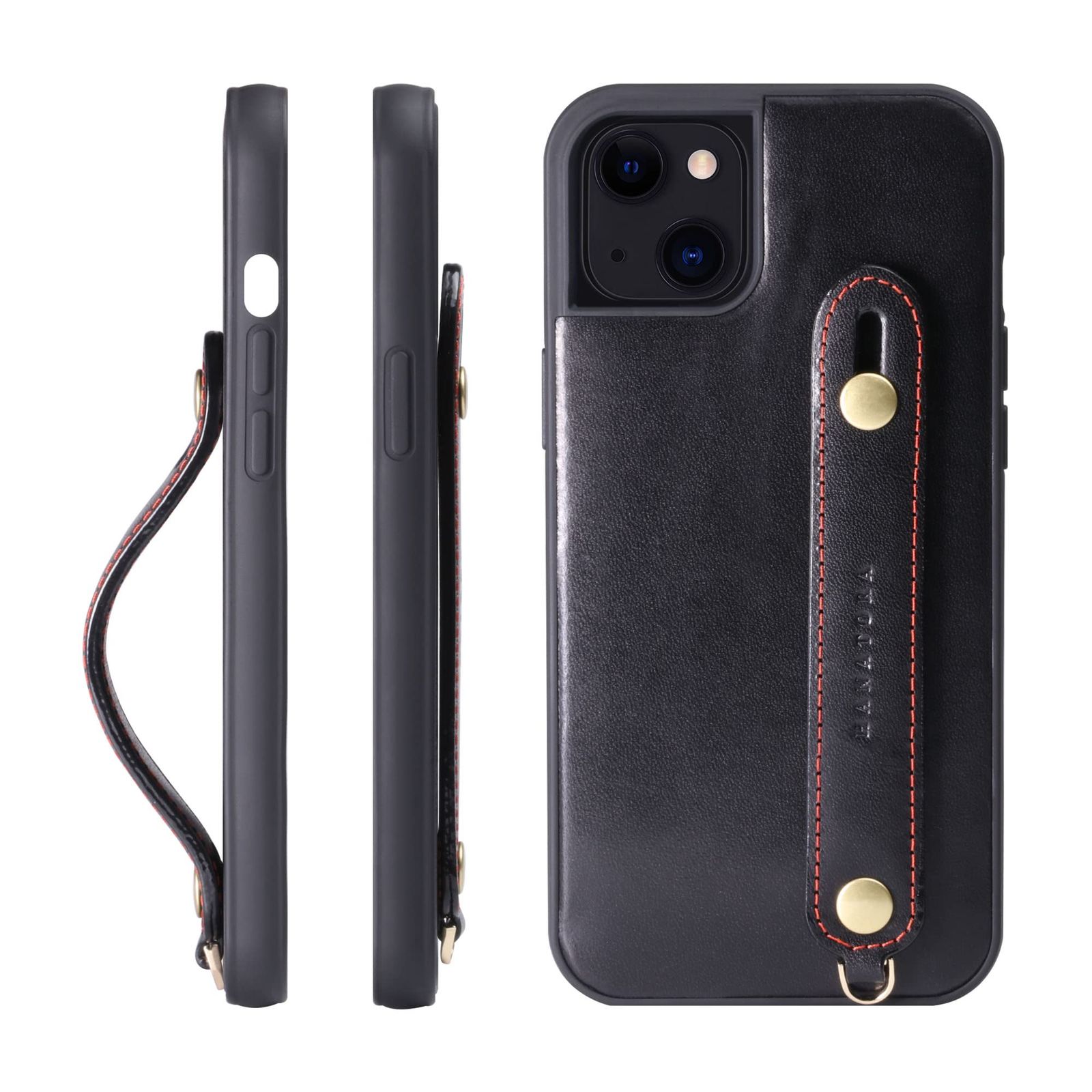 新品 HANATORA for iPhone 15Plus ケース 本革 耐衝撃 背面ベルト ストラップリング スマホケース スマホ スタンド機能 ネックストラップ 付き イタリアンレザー ギフト マグネットなし ブラック TGH-15Plus-Black