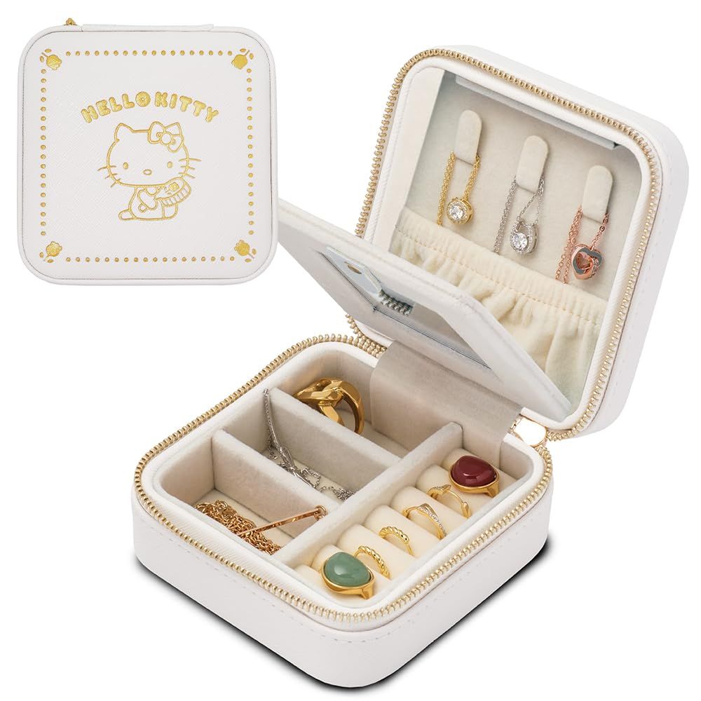 L'a Poume サンリオ sanrio ジュエリーケース アクセサリーケース 指輪ケース リングケース Mサイズ コンパクト ミラー付き 携帯用 持ち運び用 トラベル 出張 (ハローキティ（オフホワイト）)p df59dfbd