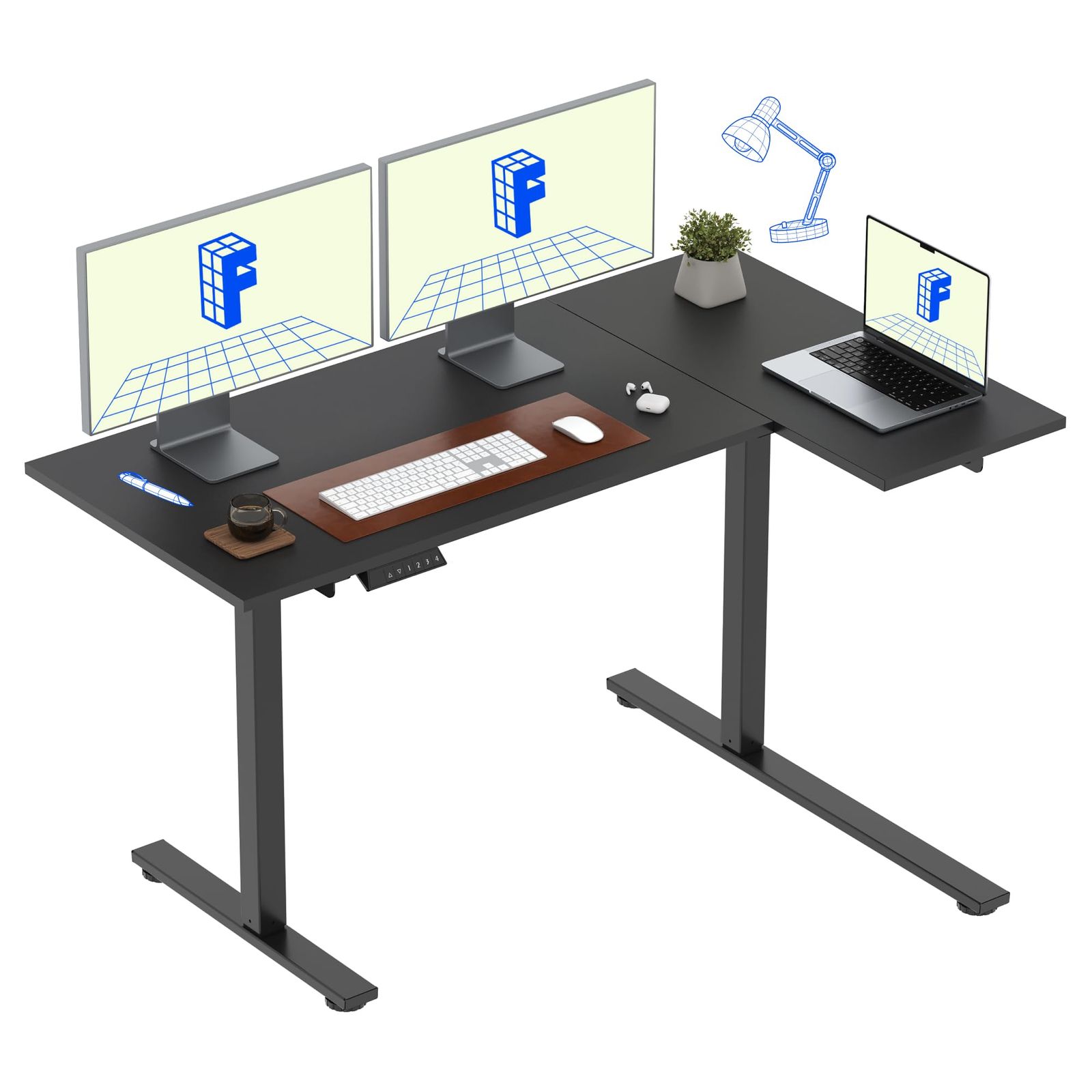 FLEXISPOT 昇降式デスク 電動 EF1 L字デスク パソコンデスク 昇降式テーブル ゲーミングデスク メーカー五年保証 無段階高さ調節 在宅ワーク メモリー機能付き (脚部（黒）＋天板（黒）, L字型)ｍａ