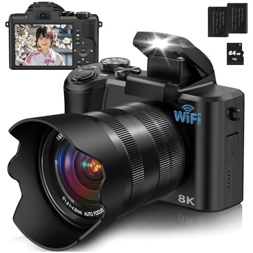 8K WIFI デジタルカメラ スマホに送れるデジカメ 8800万画素 タッチスクリーン デュアルレンズ 4800万CMOSセンサー 64GBMicroSDカード付き 6軸手ぶれ補正 オートフォーカス 16Xズーム バッテリー2個付属 首掛け d7e3a604